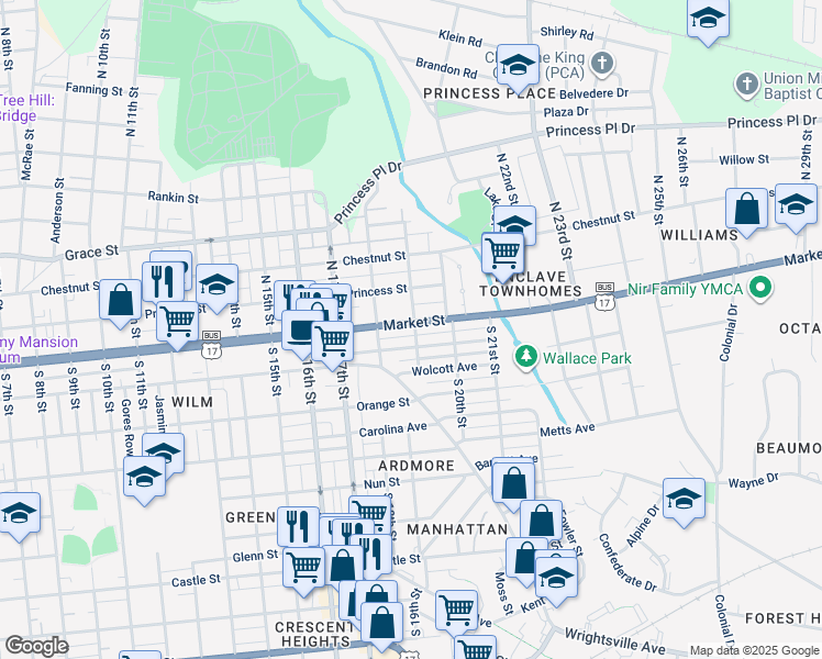 map of restaurants, bars, coffee shops, grocery stores, and more near 1820 Market Street in Wilmington