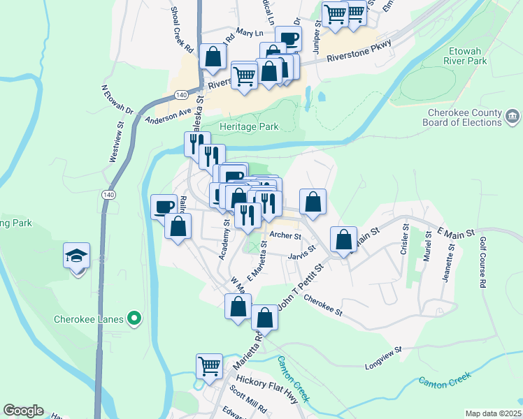 map of restaurants, bars, coffee shops, grocery stores, and more near in Canton