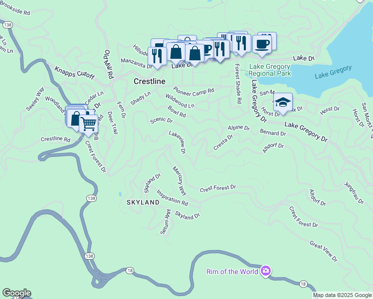 map of restaurants, bars, coffee shops, grocery stores, and more near 23905 Scenic Drive in Crestline