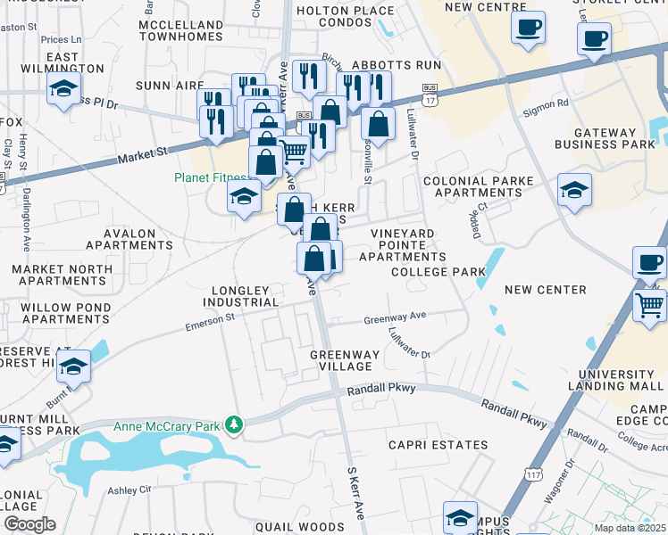 map of restaurants, bars, coffee shops, grocery stores, and more near 245 South Kerr Avenue in Wilmington
