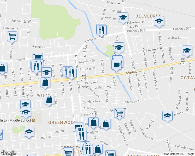 map of restaurants, bars, coffee shops, grocery stores, and more near 1817 Market Street in Wilmington