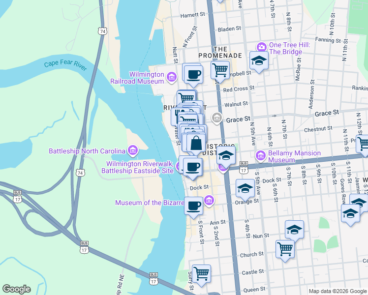 map of restaurants, bars, coffee shops, grocery stores, and more near 201 North Front Street in Wilmington