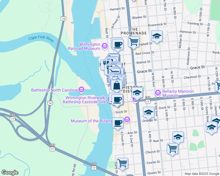 map of restaurants, bars, coffee shops, grocery stores, and more near 112 North Water Street in Wilmington