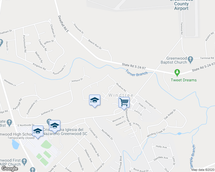 map of restaurants, bars, coffee shops, grocery stores, and more near 102 Windtree Court in Greenwood