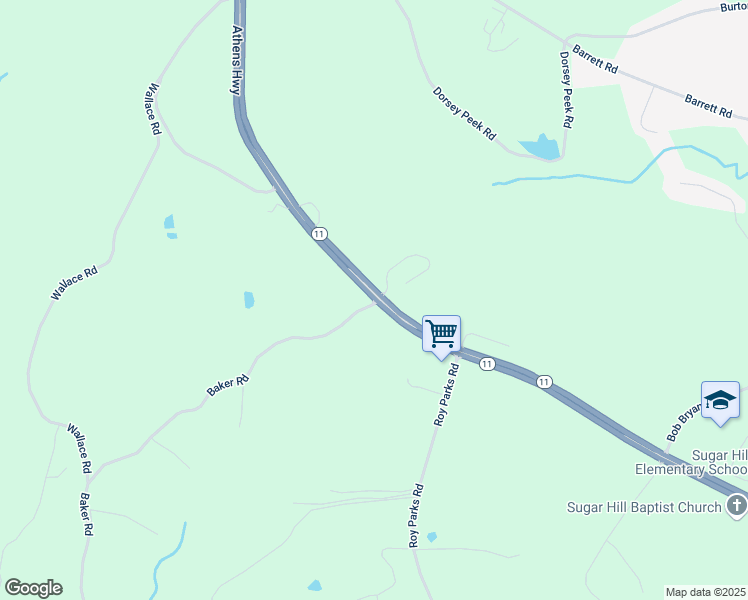 map of restaurants, bars, coffee shops, grocery stores, and more near Baker Road in Gainesville
