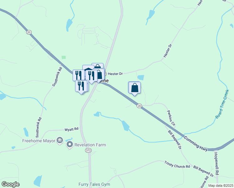 map of restaurants, bars, coffee shops, grocery stores, and more near 12778 Cumming Highway in Canton