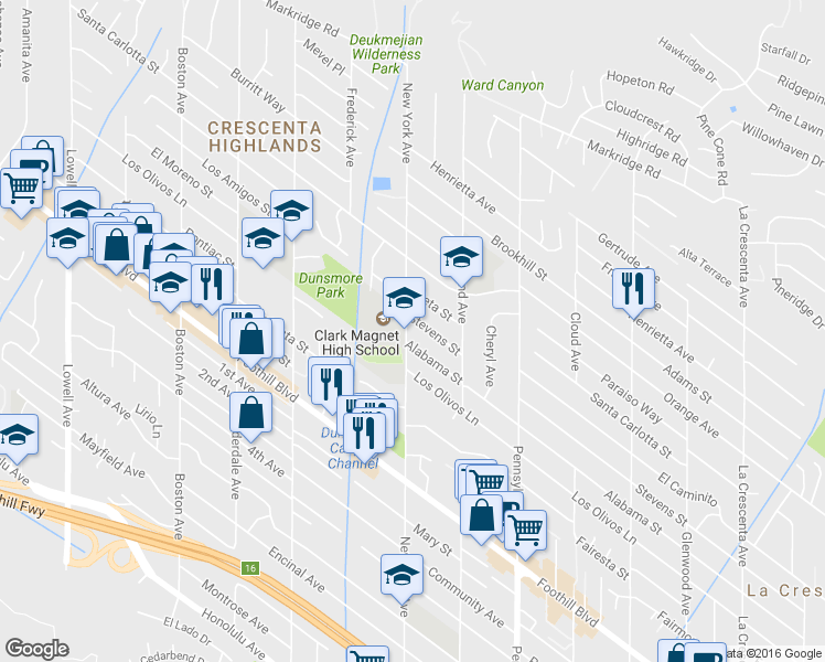 map of restaurants, bars, coffee shops, grocery stores, and more near 4738 New York Avenue in Glendale