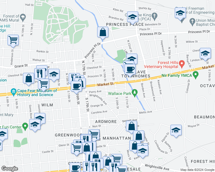 map of restaurants, bars, coffee shops, grocery stores, and more near 1817 Market Street in Wilmington