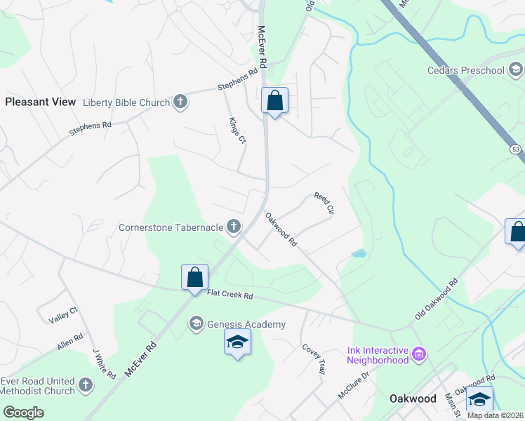 map of restaurants, bars, coffee shops, grocery stores, and more near 4812 McEver Road in Oakwood