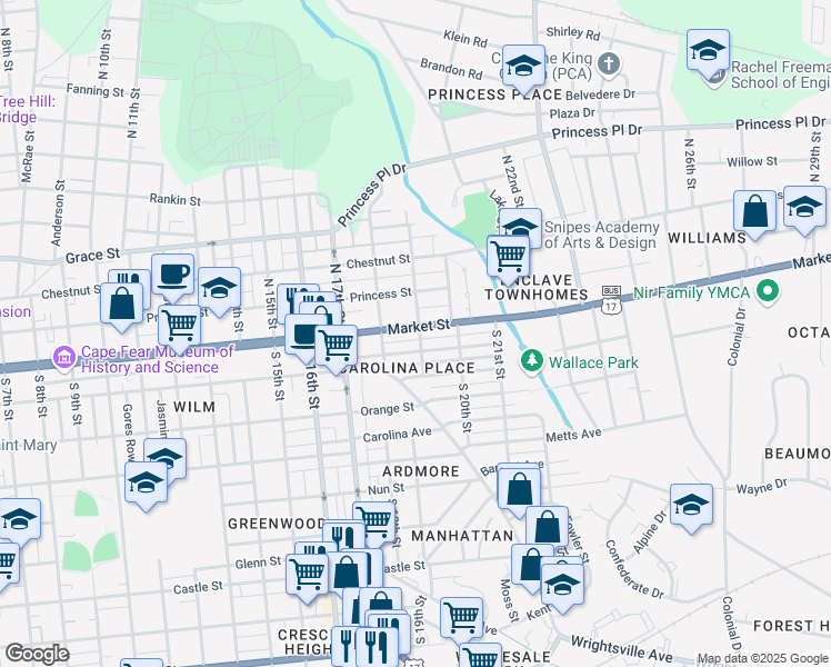 map of restaurants, bars, coffee shops, grocery stores, and more near 1820 Market Street in Wilmington