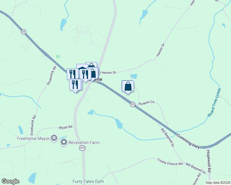 map of restaurants, bars, coffee shops, grocery stores, and more near 12985 Cumming Highway in Canton