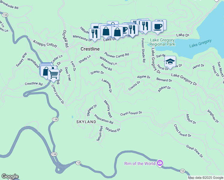 map of restaurants, bars, coffee shops, grocery stores, and more near 23878 Lakeview Drive in Crestline