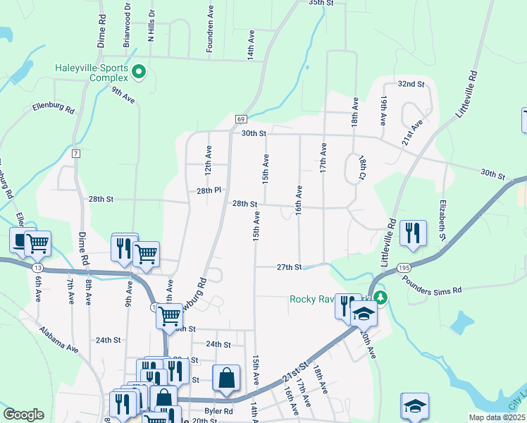 map of restaurants, bars, coffee shops, grocery stores, and more near 1502 28th Street in Haleyville
