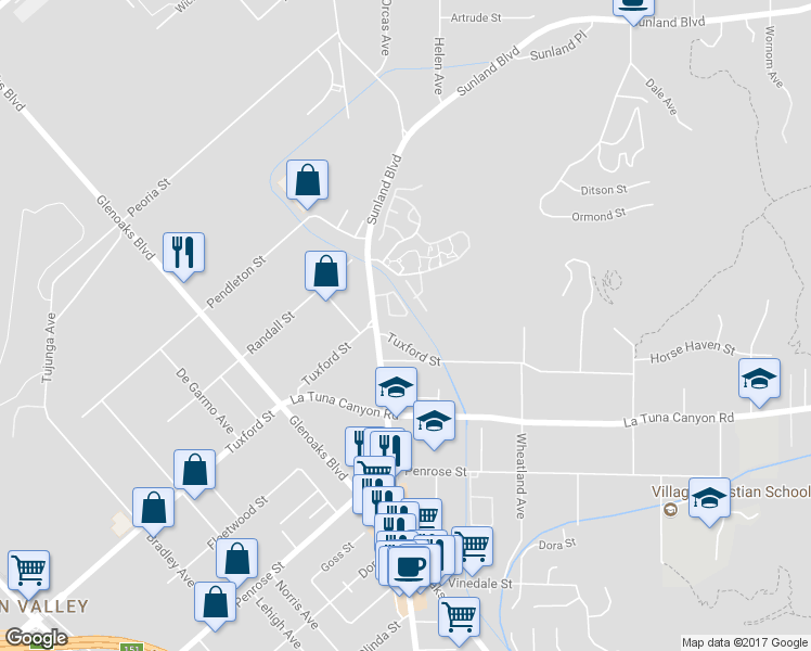 map of restaurants, bars, coffee shops, grocery stores, and more near 10847 Tuxford Street in Los Angeles