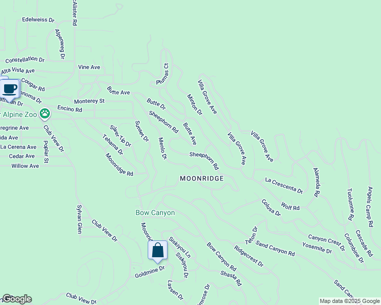 map of restaurants, bars, coffee shops, grocery stores, and more near 1270 Sheephorn Road in Big Bear