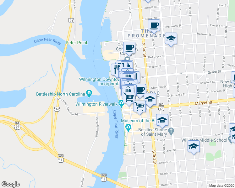 map of restaurants, bars, coffee shops, grocery stores, and more near 215 North Water Street in Wilmington