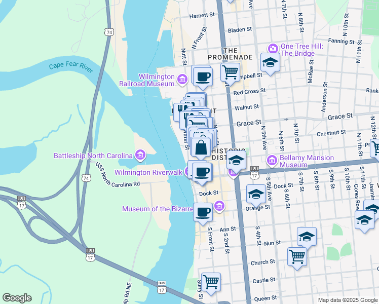 map of restaurants, bars, coffee shops, grocery stores, and more near 112 North Water Street in Wilmington