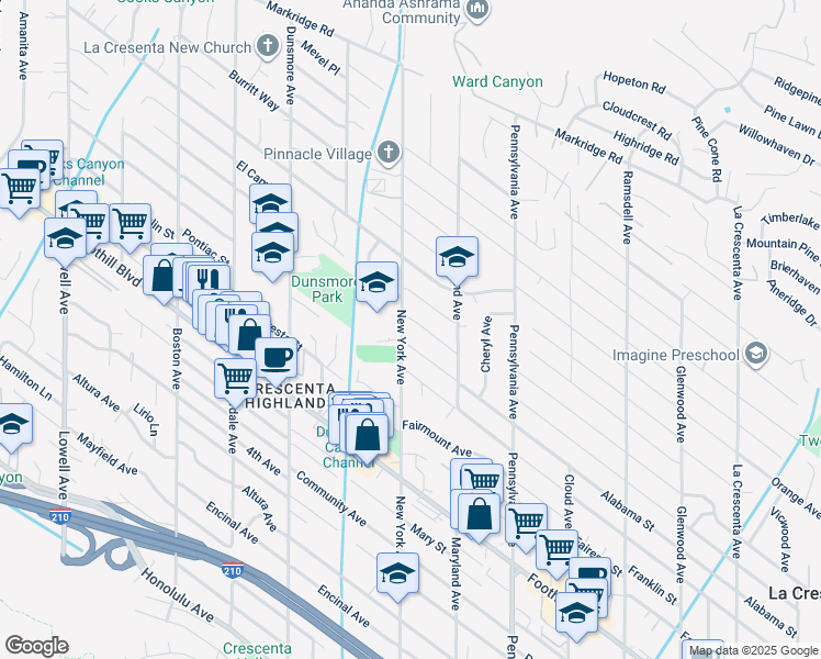 map of restaurants, bars, coffee shops, grocery stores, and more near 4738 New York Avenue in Glendale