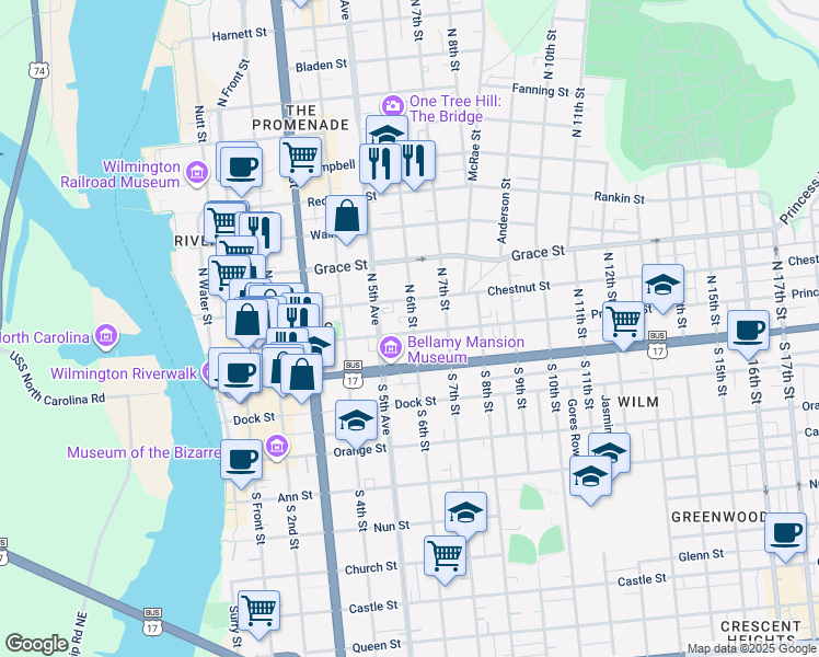 map of restaurants, bars, coffee shops, grocery stores, and more near 107 South 6th Street in Wilmington