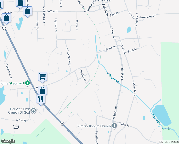 map of restaurants, bars, coffee shops, grocery stores, and more near 264 Roseanne Street in Pontotoc