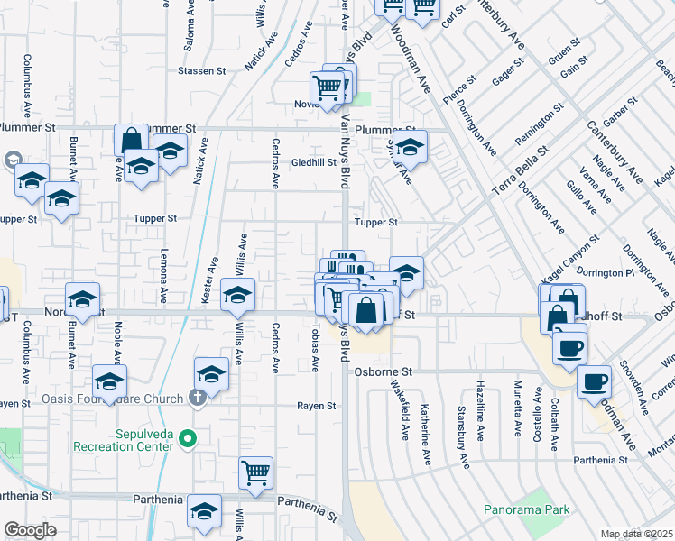 map of restaurants, bars, coffee shops, grocery stores, and more near 9205 Van Nuys Boulevard in Los Angeles
