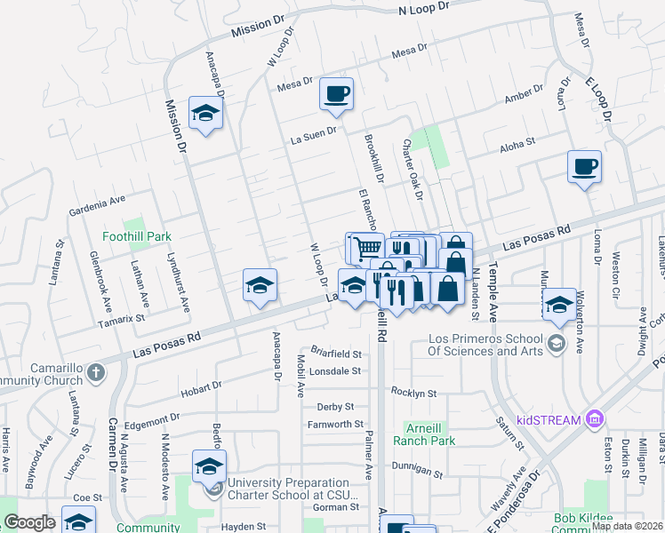 map of restaurants, bars, coffee shops, grocery stores, and more near 78 West Loop Drive in Camarillo