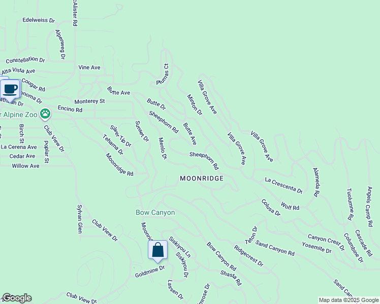map of restaurants, bars, coffee shops, grocery stores, and more near 1270 Sheephorn Road in Big Bear