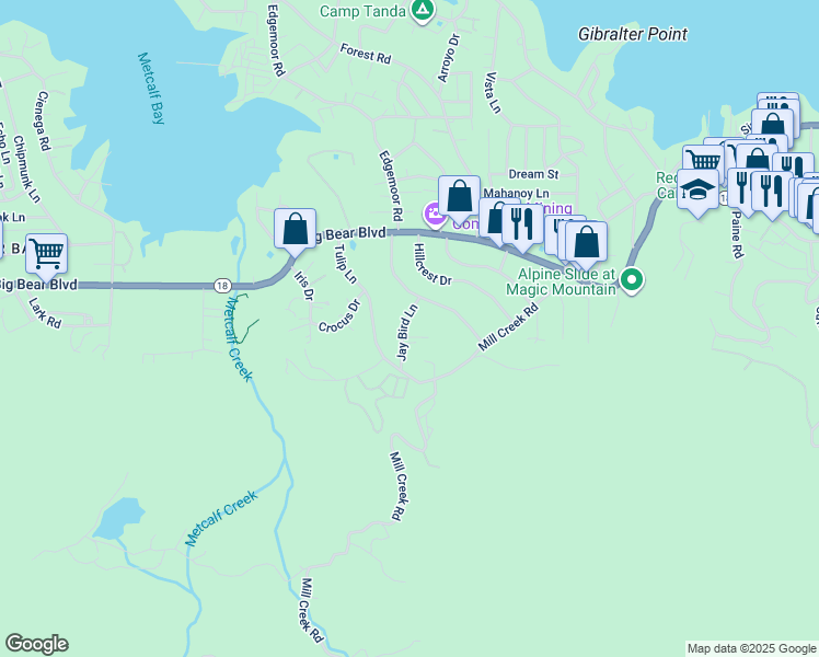 map of restaurants, bars, coffee shops, grocery stores, and more near 851 Jay Bird Lane in Big Bear Lake