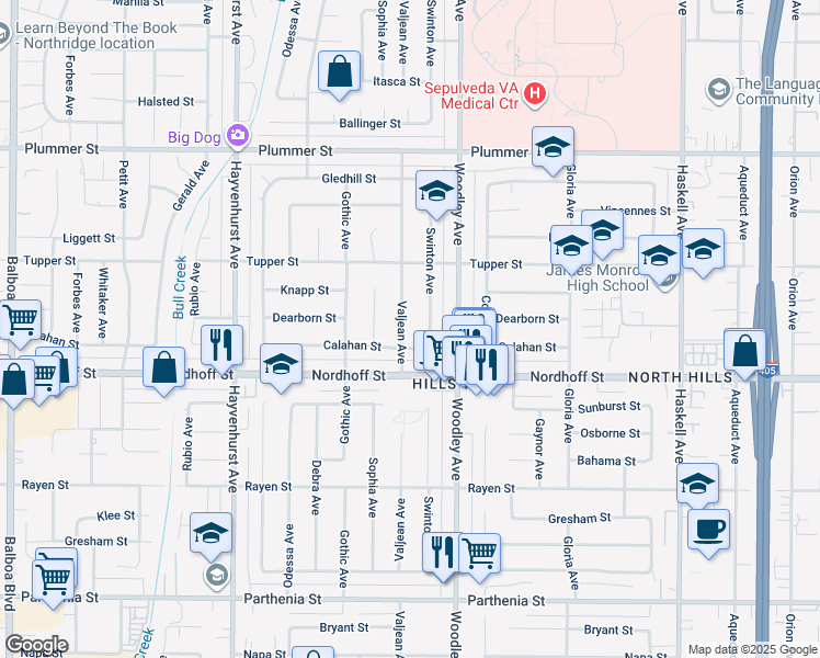 map of restaurants, bars, coffee shops, grocery stores, and more near 9148 Valjean Avenue in Los Angeles