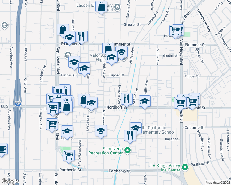 map of restaurants, bars, coffee shops, grocery stores, and more near 15006 Alda Place in North Hills