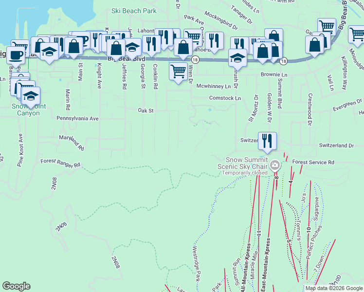 map of restaurants, bars, coffee shops, grocery stores, and more near 831 Oriole Drive in Big Bear Lake