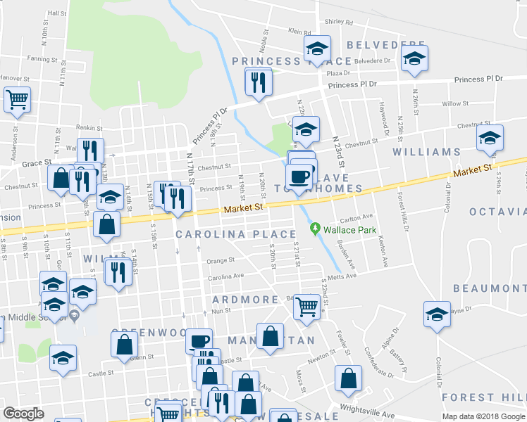 map of restaurants, bars, coffee shops, grocery stores, and more near 1920 Market Street in Wilmington