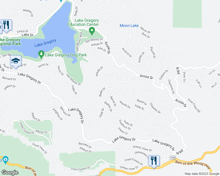 map of restaurants, bars, coffee shops, grocery stores, and more near 854 Arbula Drive in Crestline