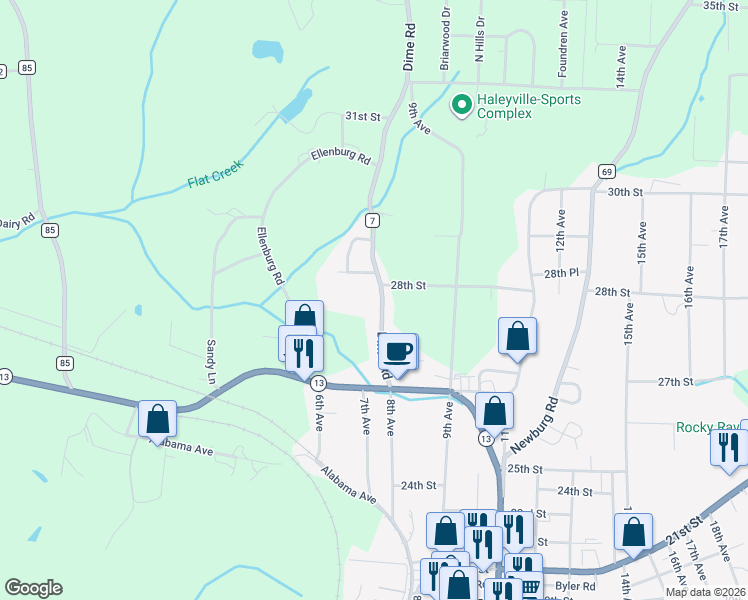 map of restaurants, bars, coffee shops, grocery stores, and more near 2756 Dime Road in Haleyville