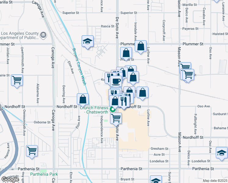 map of restaurants, bars, coffee shops, grocery stores, and more near 9157 De Soto Avenue in Los Angeles