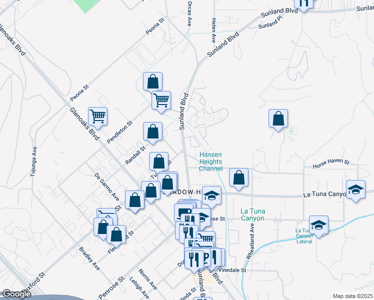map of restaurants, bars, coffee shops, grocery stores, and more near 9255 Sunland Boulevard in Los Angeles