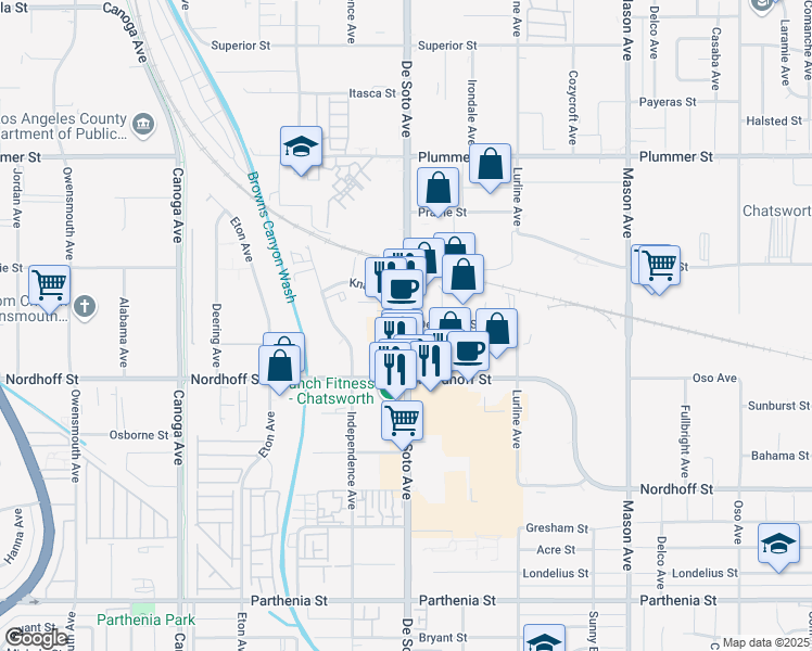 map of restaurants, bars, coffee shops, grocery stores, and more near 9168 De Soto Avenue in Los Angeles