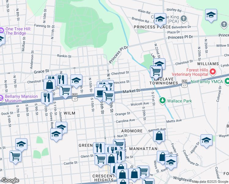 map of restaurants, bars, coffee shops, grocery stores, and more near 1-99 N 18th St in Wilmington