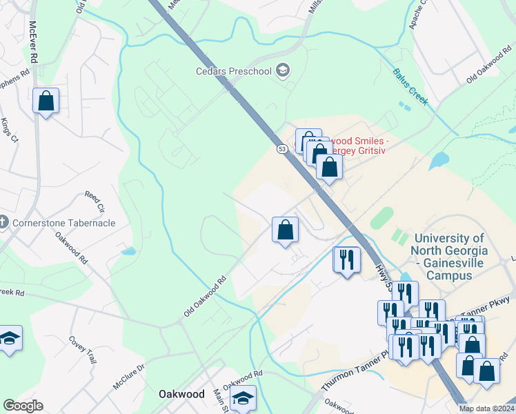 map of restaurants, bars, coffee shops, grocery stores, and more near 3736 Oakwood Hills Drive in Oakwood