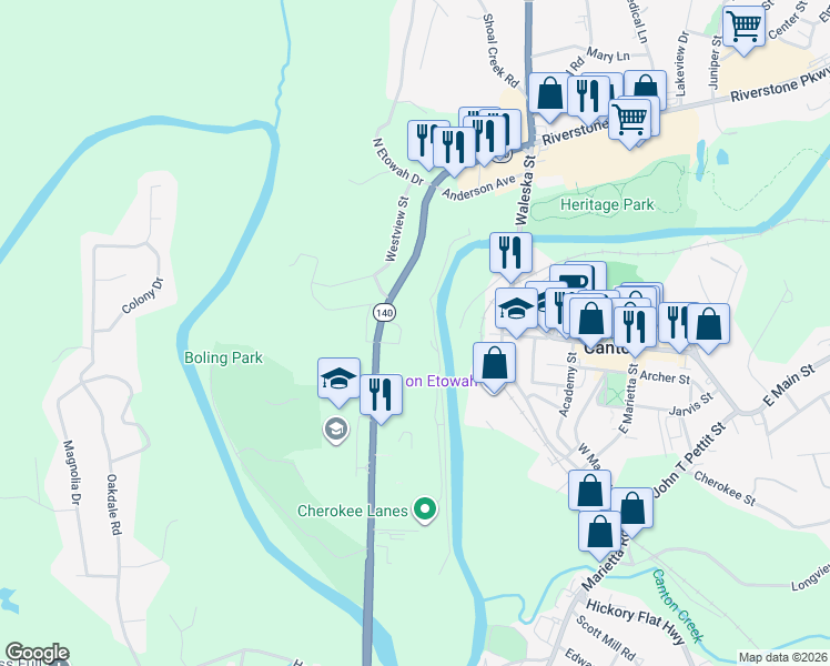 map of restaurants, bars, coffee shops, grocery stores, and more near 687 Marietta Highway in Canton