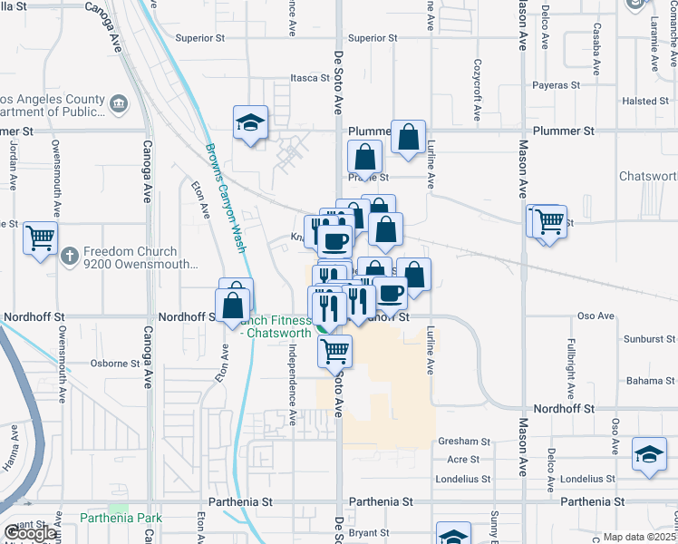 map of restaurants, bars, coffee shops, grocery stores, and more near 9157 De Soto Avenue in Los Angeles