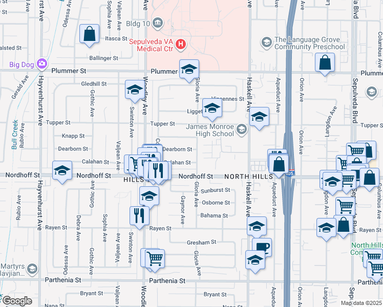 map of restaurants, bars, coffee shops, grocery stores, and more near 16008 Dearborn Street in Los Angeles