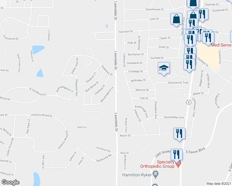 map of restaurants, bars, coffee shops, grocery stores, and more near 1881 Lawndale Drive in Tupelo