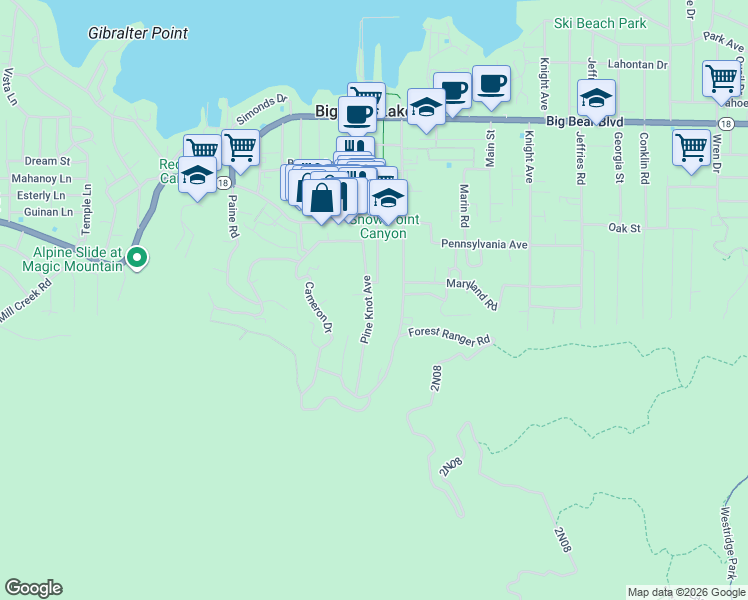 map of restaurants, bars, coffee shops, grocery stores, and more near 851 Pine Knot Avenue in Big Bear Lake