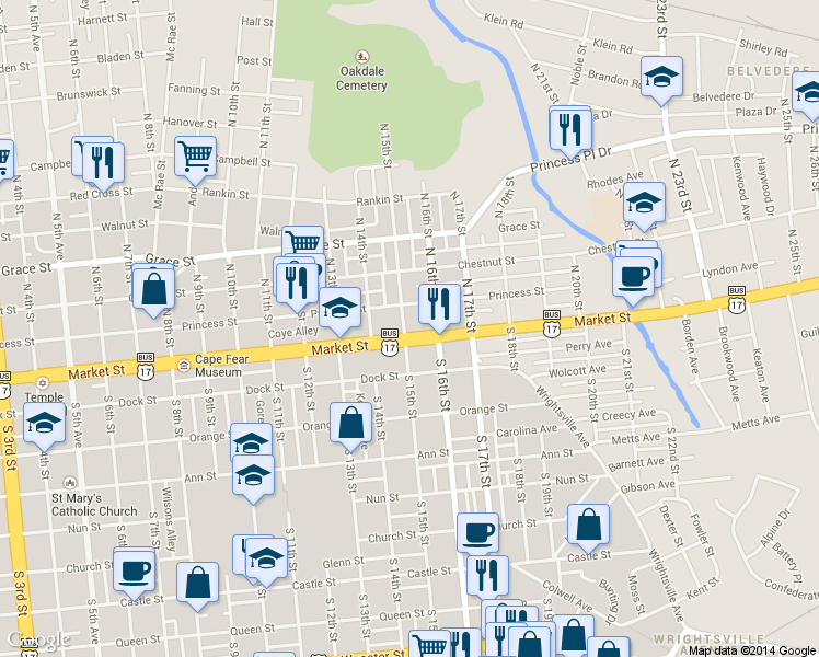 map of restaurants, bars, coffee shops, grocery stores, and more near 1501 Market Street in Wilmington