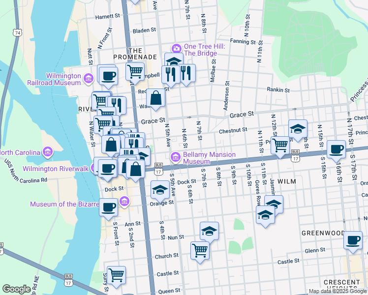 map of restaurants, bars, coffee shops, grocery stores, and more near 115 South 6th Street in Wilmington