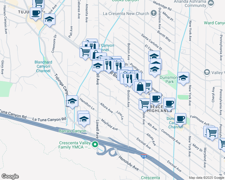 map of restaurants, bars, coffee shops, grocery stores, and more near 3941 Abella Street in Glendale
