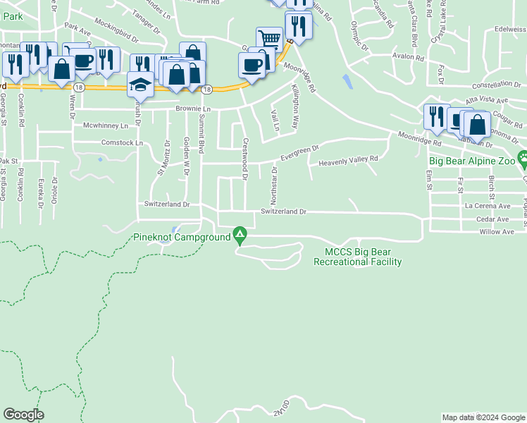 map of restaurants, bars, coffee shops, grocery stores, and more near 42061 Switzerland Drive in Big Bear Lake