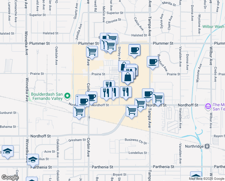 map of restaurants, bars, coffee shops, grocery stores, and more near 19526 Astor Place in Los Angeles