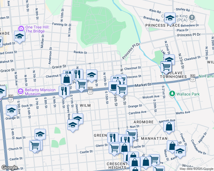 map of restaurants, bars, coffee shops, grocery stores, and more near 1501 Market Street in Wilmington